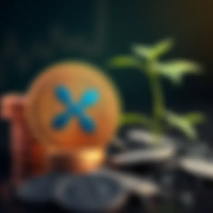 Ripple XRP Coins and Wealth Concept A stack of Ripple XRP coins next to a growing plant, symbolizing wealth and growth in cryptocurrency investments.