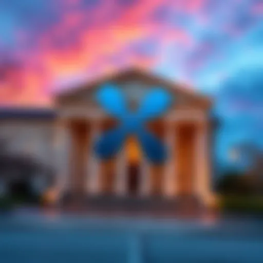 Ripple logo with a bank building in the background, symbolizing its move toward federal trust bank approval