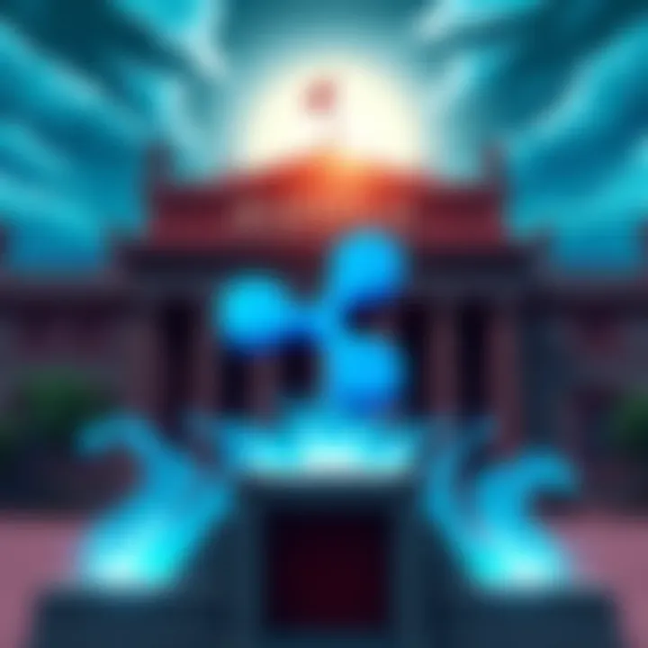 Illustration of Ripple logo alongside traditional bank building, symbolizing potential bank approval and competition in finance.