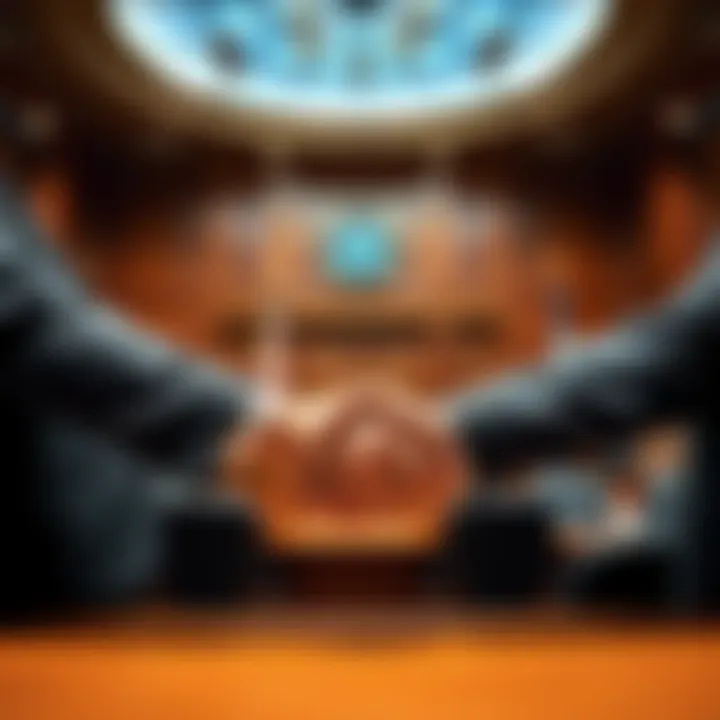 Ripple and SEC representatives shake hands, signaling the end of their lawsuit, with a courtroom backdrop.