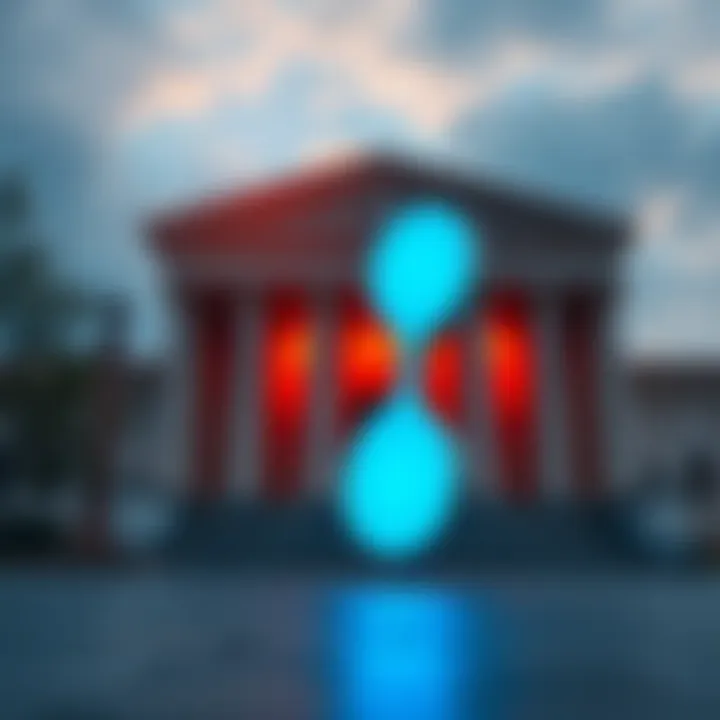 A symbolic representation of Ripple's logo and a courthouse, illustrating the ongoing legal issues with the SEC.