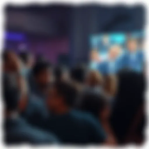 Crowd of concerned people watching a news broadcast with anxious expressions