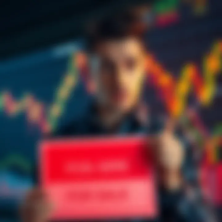 A person looking worried while holding a 'For Sale' sign with a fluctuating stock market graph in the background.