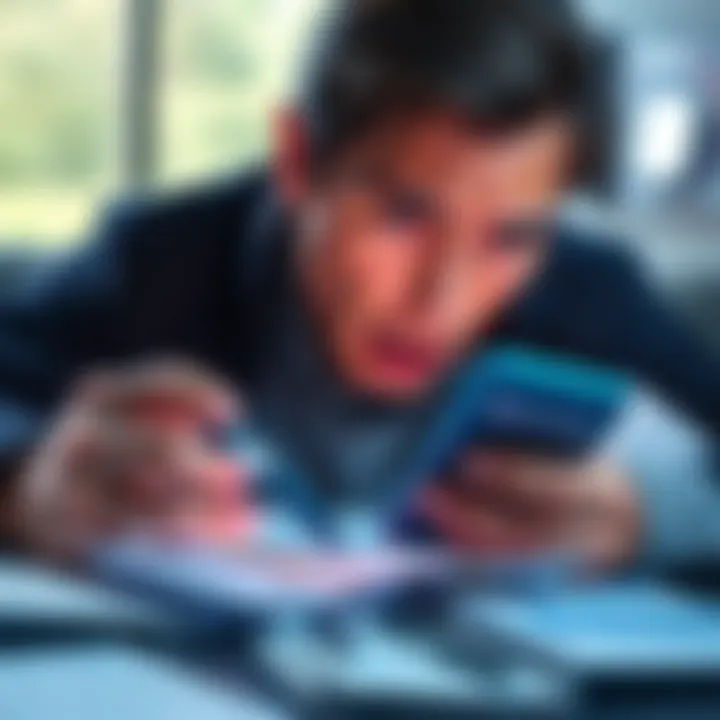 Risks of Using Revolut for Banking A worried person looking at their phone with a Revolut app open, surrounded by bills and finance documents.