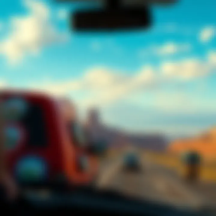 A scenic view of a road trip with badges and a fun atmosphere, capturing the spirit of achievement and travel.