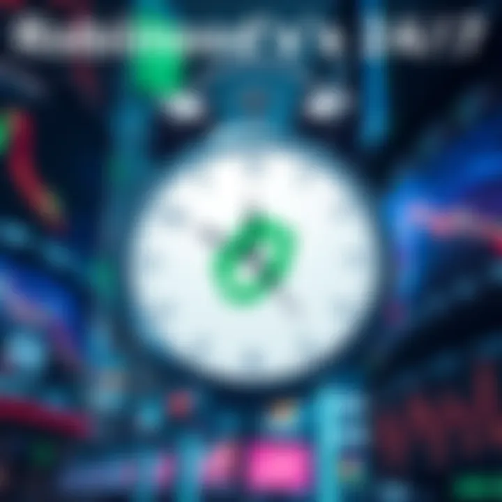 A graphic showing Robinhood logo alongside a clock symbolizing 24/7 trading, with stock market elements in the background.