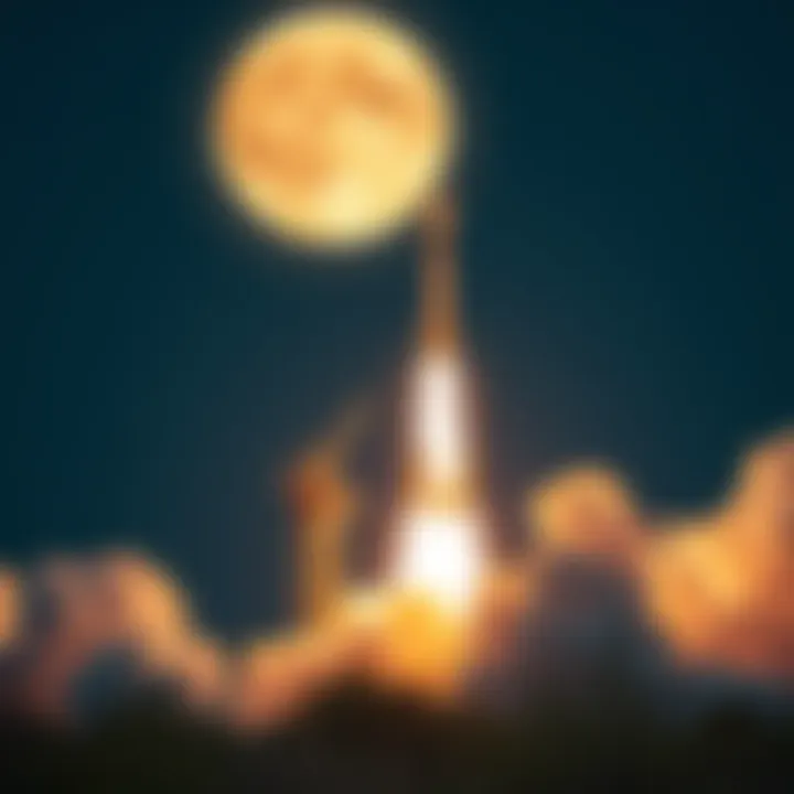 A rocket launching from a launch pad towards the Moon, symbolizing upcoming lunar missions and space exploration