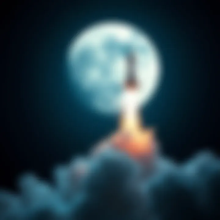 A rocket soaring into space with the moon in the background, symbolizing innovation and progress.