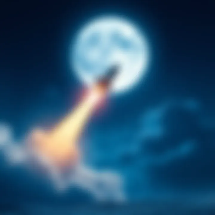 A rocket launching with a bright trail soaring towards a full moon in a clear night sky
