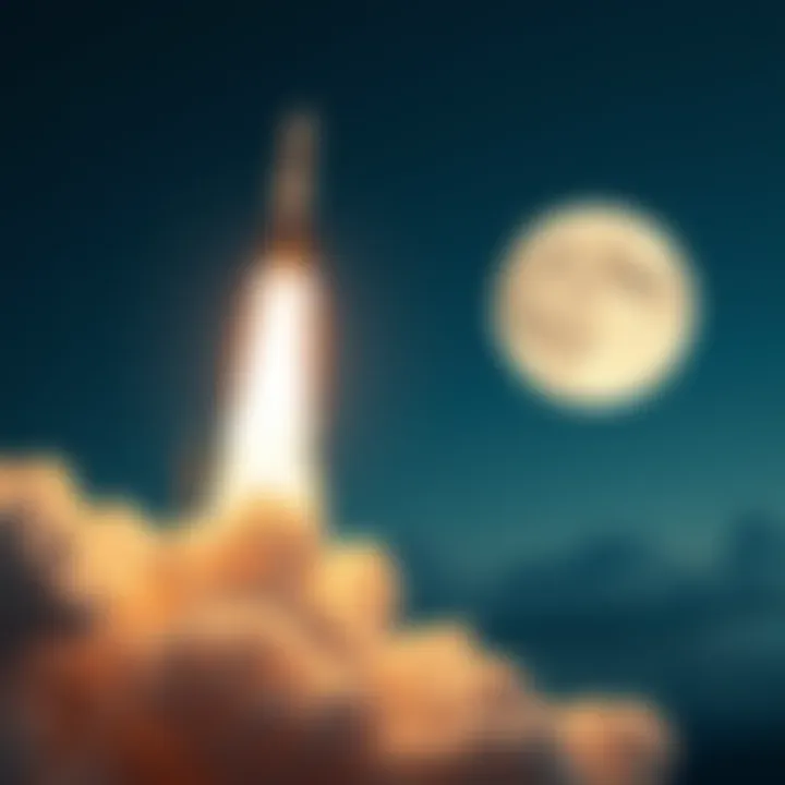 A rocket soaring into space towards the moon, symbolizing the excitement of the 'To the Moon' movement in investments.