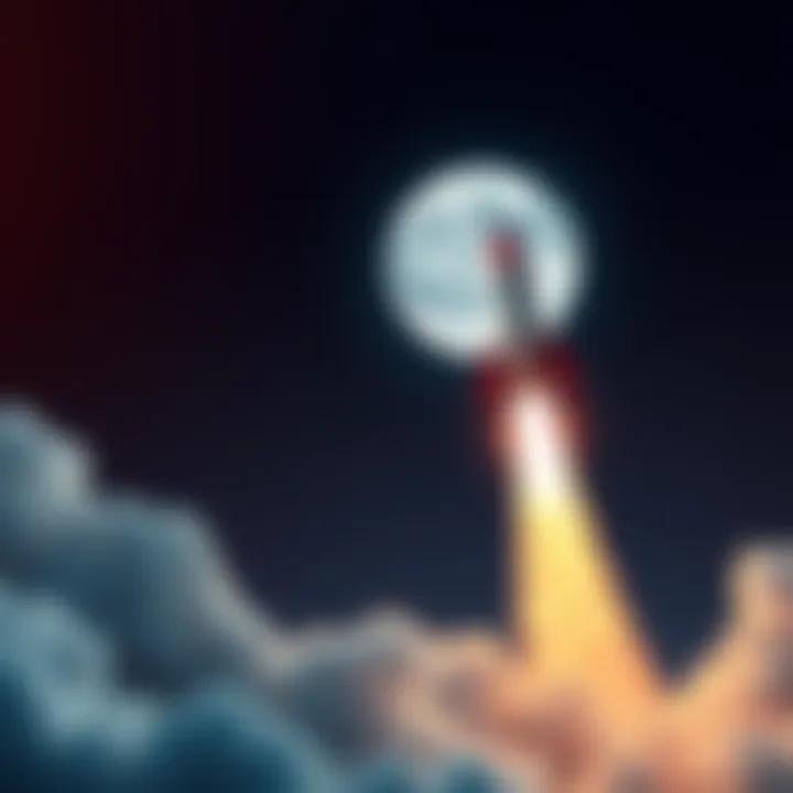 A rocket soaring towards the moon with stars in the background, symbolizing the phrase 'To the Moon' in investment