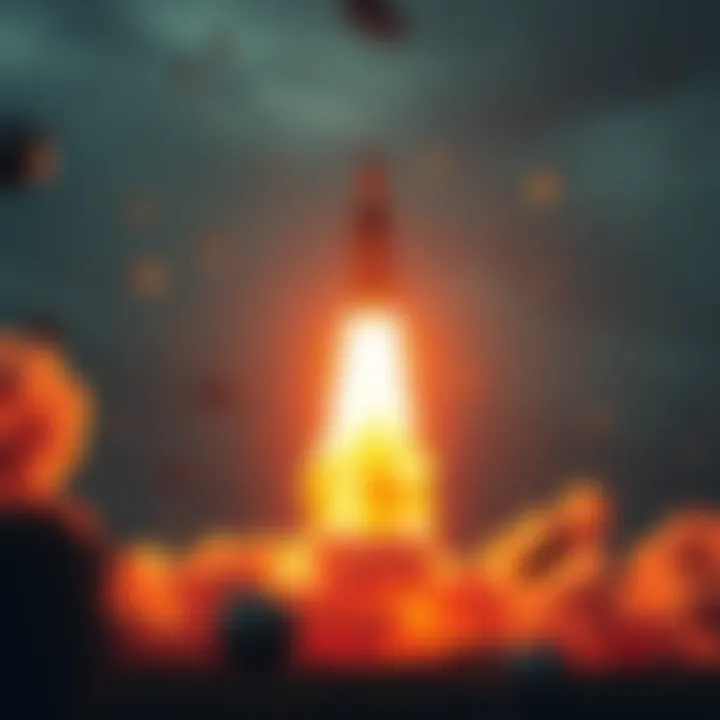 A rocket in flames after an explosion during Mission Doge, with debris scattered in the sky