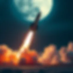 A rocket taking off with excitement in the air as crypto investors watch eagerly, symbolizing a new moon mission.