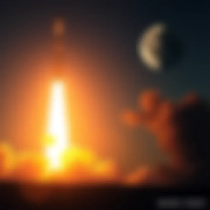 A powerful rocket blasting off towards the Moon, with bright flames and smoke trailing behind.
