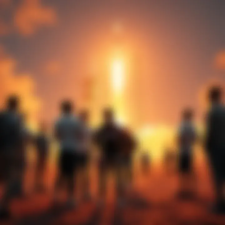 A group of excited people gathered around a launch site, discussing the upcoming rocket launch and sharing predictions.