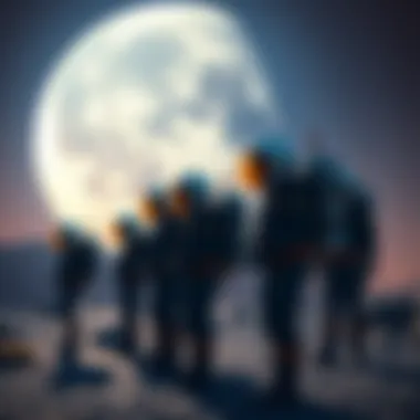 A group of rocket pack enthusiasts in uniforms testing their gear with a large moon backdrop