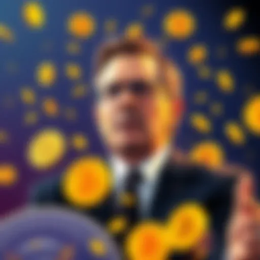 Illustration of Roger Ver surrounded by Bitcoin symbols and dollar signs, indicating a large financial transaction, with a backdrop of the Trump administration's logo
