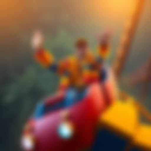 A cheerful man in a vibrant outfit waving and smiling on a roller coaster, spreading positive vibes to the crowd below.