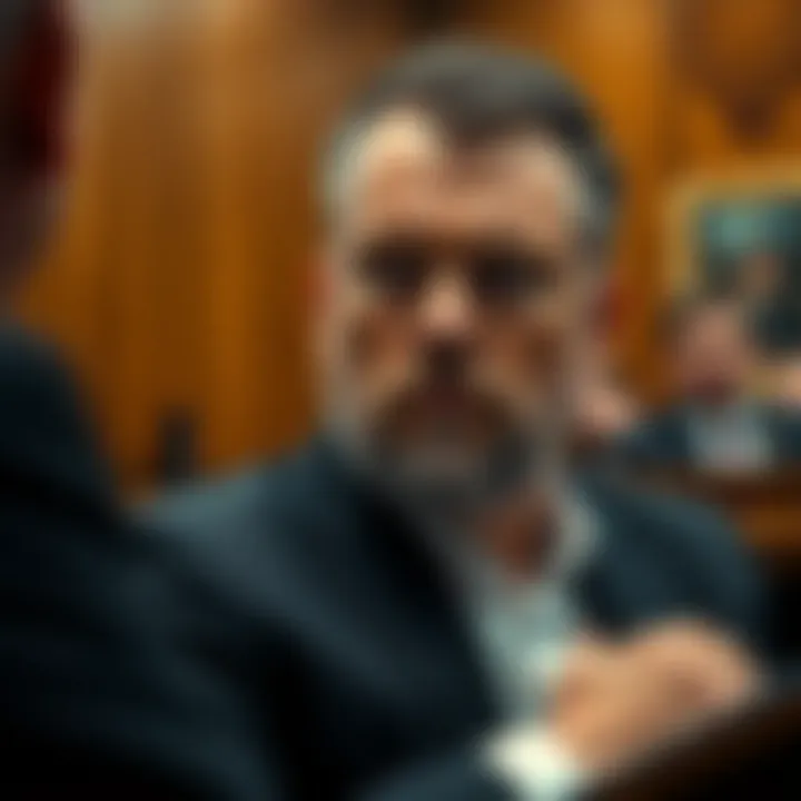 Roman Storm in a courtroom setting with a serious expression as a witness testifies about a scam