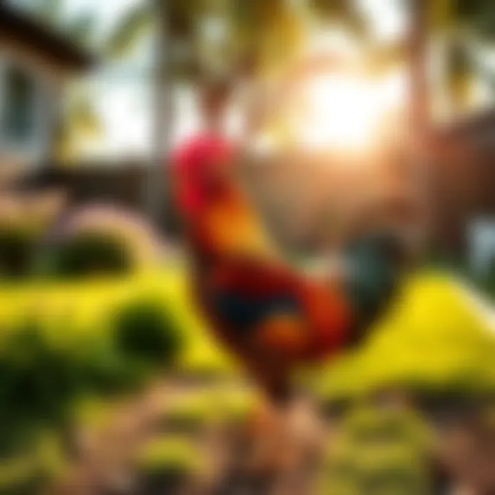 A rooster stands proudly in a sunny yard, symbolizing freedom and change
