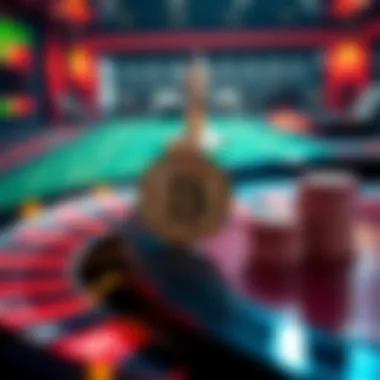 A roulette table displaying red and black pockets with Bitcoin chips stacked on the side, symbolizing a crypto gamble.