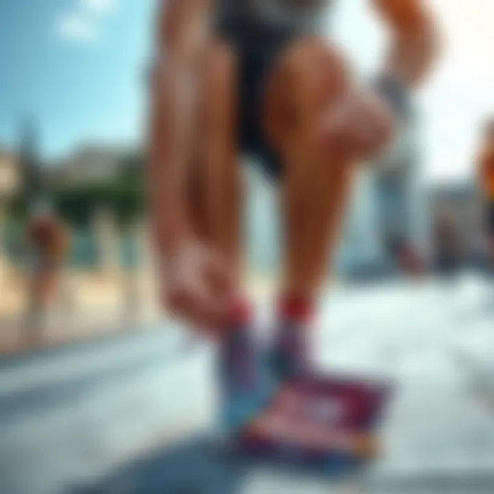 A runner tying shoelaces while holding a travel guide for Rome and marathon badges