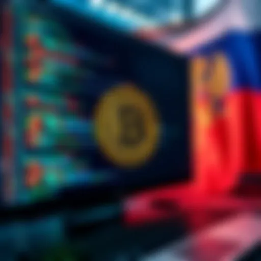 A computer screen displaying code with a Russian flag in the background, symbolizing the discovery of a Russian IP related to Bitcoin.