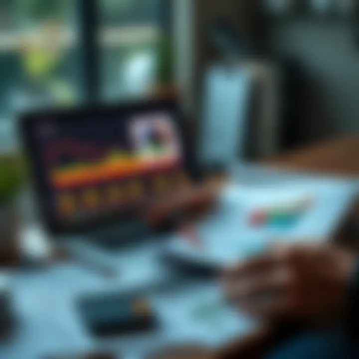 A person analyzing charts and graphs related to DeFi yield farming strategies on a laptop, surrounded by financial documents and a calculator.