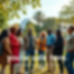 A group of diverse people standing together in a peaceful park, smiling and sharing ideas, symbolizing safety and community support.