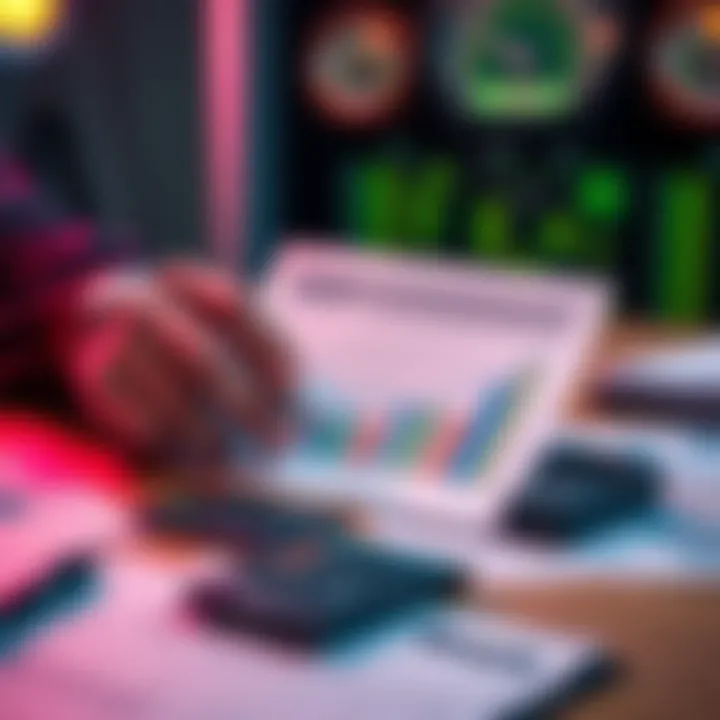 A person examining a chart with rising investment options and a calculator on a table