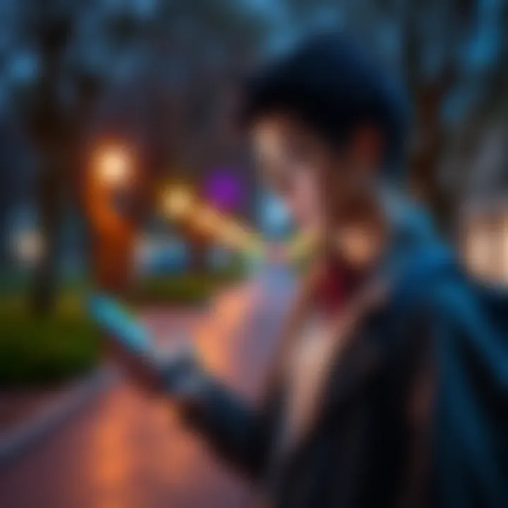 A person reading safety tips on a smartphone while walking in a park, focusing on health and personal security.