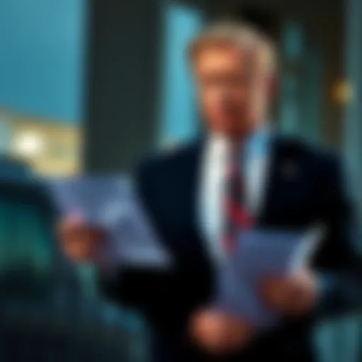 Sam Bankman-Fried stands outside, visibly concerned, with a legal document in hand, symbolizing his request for a pardon from President Trump