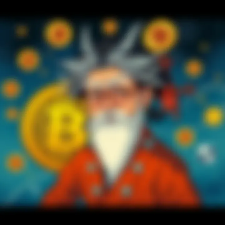 A whimsical illustration showing a character representing Satoshi Nakamoto, blending Japanese and Western cultural elements, with Bitcoin symbols in the background.