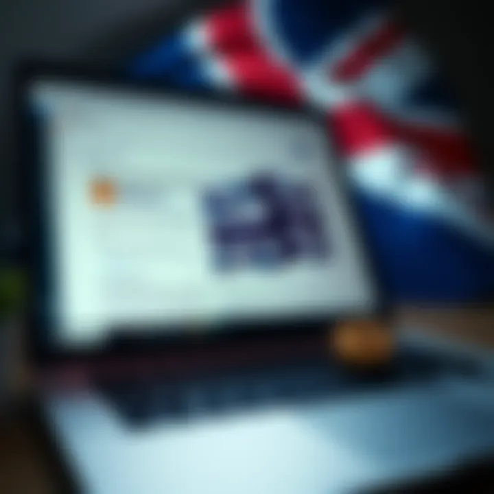 A close-up of a laptop showing forum posts and documents related to Satoshi Nakamoto and Bitcoin, with a British flag in the background.