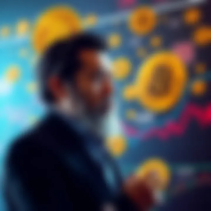A person symbolizing Satoshi Nakamoto looks pensive while surrounded by Bitcoin symbols and graphs showing market trends.