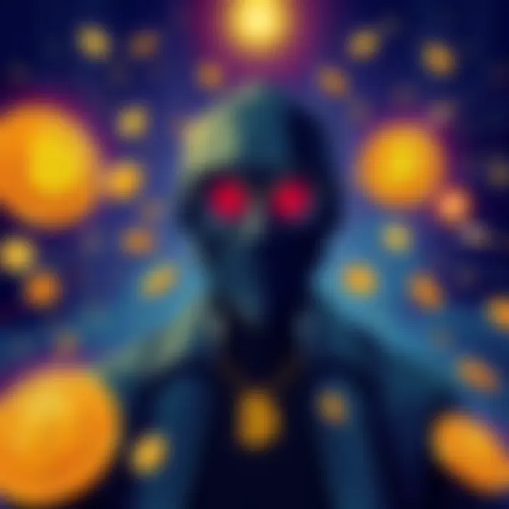 Illustration depicting an anonymous figure representing Satoshi Nakamoto, surrounded by symbols of Bitcoin and digital currency.