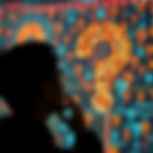 A person looking at a digital screen filled with blockchain graphics and question marks, representing theories about Satoshi Nakamoto's identity.
