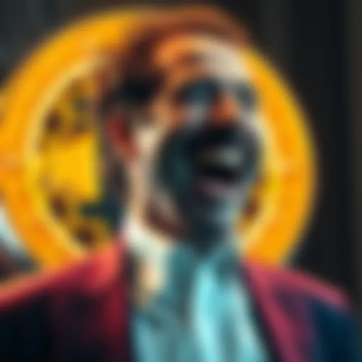 Satoshi Seinfeld laughing with a cryptocurrency symbol in the background