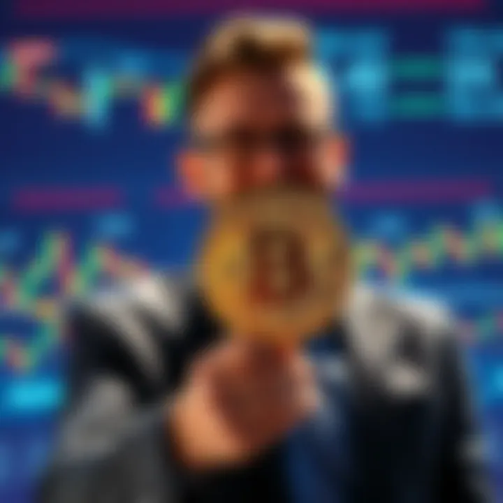 Businessman Michael Saylor holds a Bitcoin symbol while celebrating his recent $101 million purchase of Bitcoin, surrounded by graphs indicating market reactions.