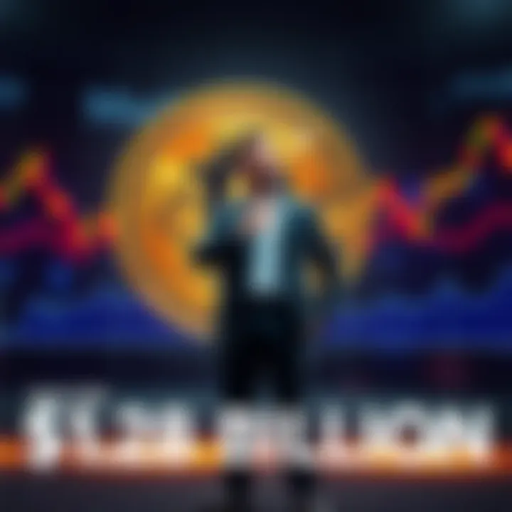 Saylor Invests in Bitcoin Michael Saylor stands confidently in front of a Bitcoin symbol, representing his $1.28 billion investment in cryptocurrency, with a backdrop of stock market trends showing fluctuations.