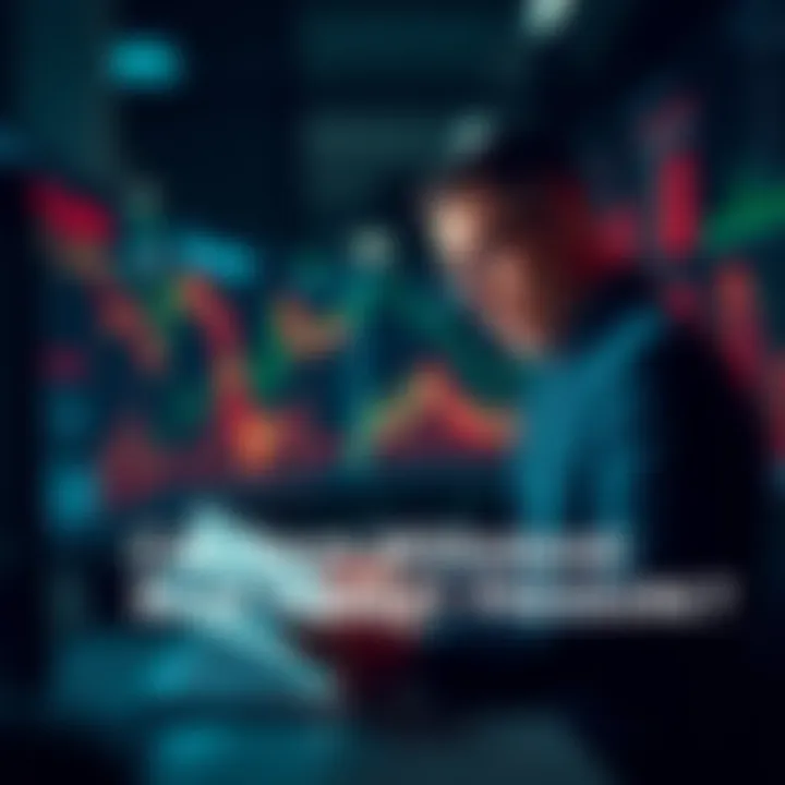A man looking over financial charts and graphs in a dimly lit room, showing concern about bear market conditions.