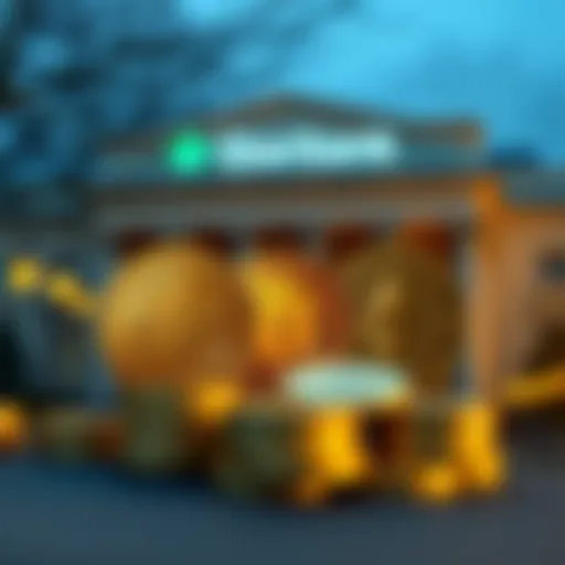 A graphic showing Bitcoin, Ether, and Tether symbols with a bank building in the background, representing Sberbank's new loan policy.