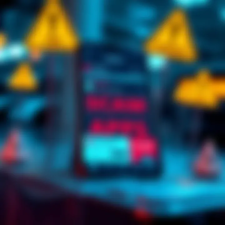 A smartphone displaying misleading scam ads related to mining apps, with warning signs around it