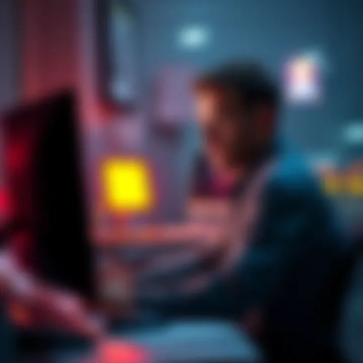 A person sits at a computer, looking concerned while reviewing online information to protect against scams.