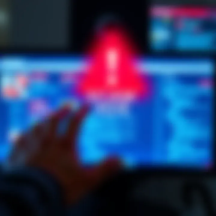 A warning sign against online scams, depicting a hand hovering over a computer with suspicious ads on the screen