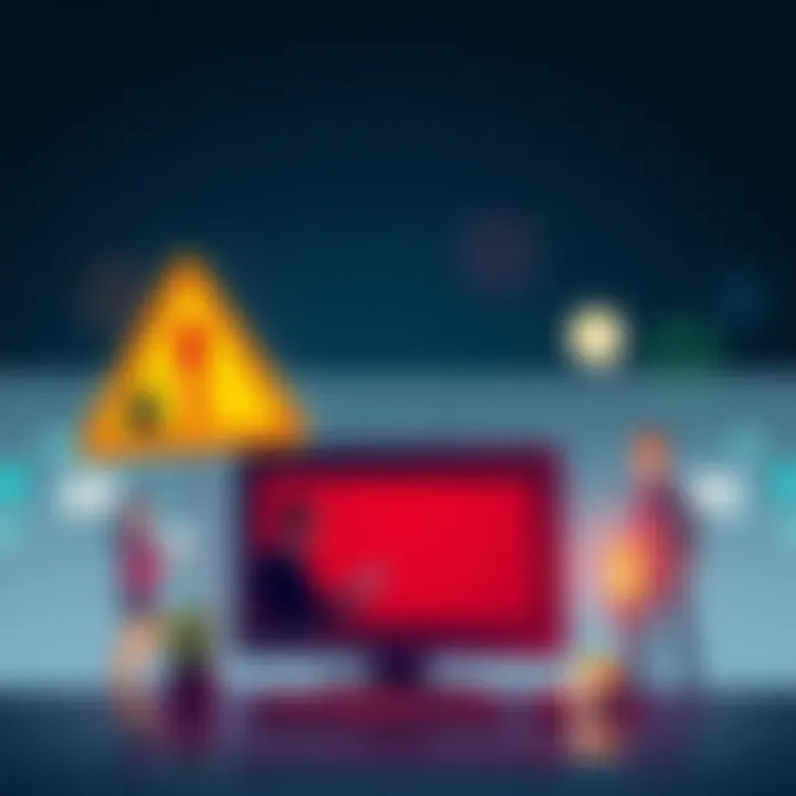 Graphic showing a warning sign with images of people discussing scams and a computer, symbolizing online alerts.