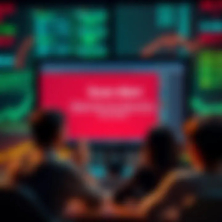 A computer screen displaying a warning message about online scams in forums, with frustrated users looking on.