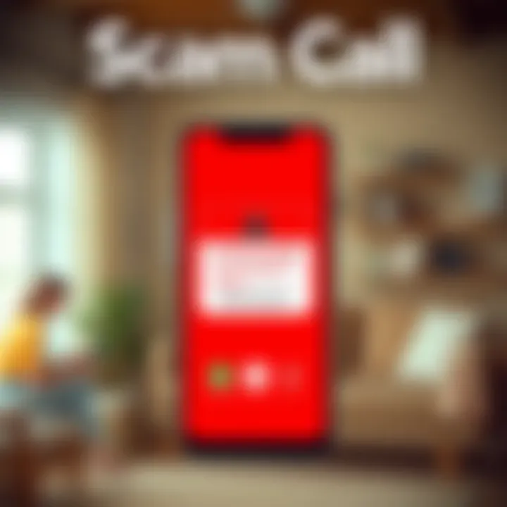 Scam Call Alert A smartphone displaying an incoming call with a warning sign indicating a scam call about profile changes, set against a blurred background of a home environment.