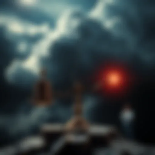 A graphic showing a broken scale representing inflated assets, with a dark cloud looming above symbolizing collapse risks, and anxious investors in the foreground.