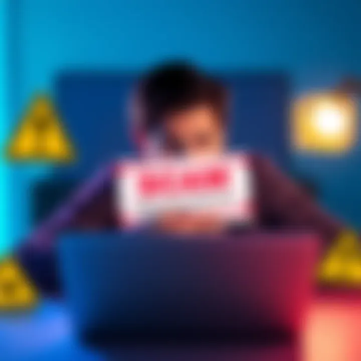 A person looks worried while reading a fraudulent email about FTX, with a laptop and warning symbols around them.